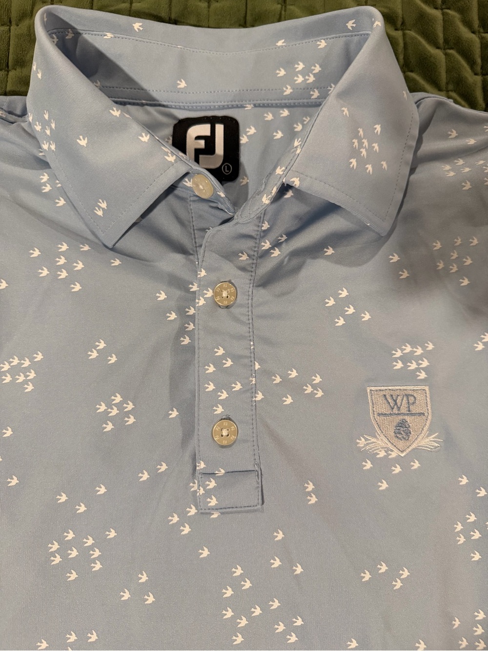 FootJoy golf blue polo all-over white flock of birds print  "WP" logo size large